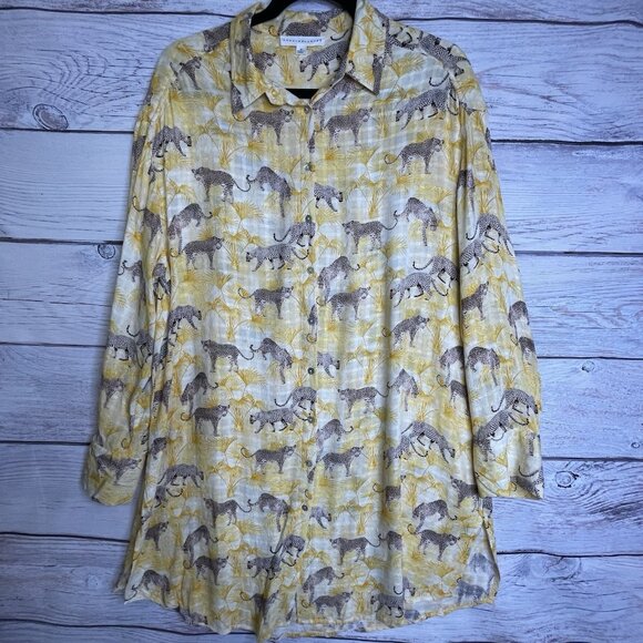 Jane & Delancey Blouse Tunic M Yellow Animal Print Cheetah Button Up Boho - Picture 1 of 13